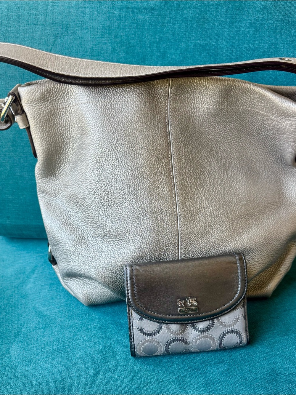 Silver Coach Pebbled Leather Hobo Bag and Signature Wallet Set